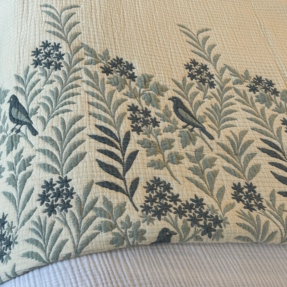 Luxury 7 Layer Woven Quilt Size KING Growing Florals Leaves Birds Teal Tan NEW